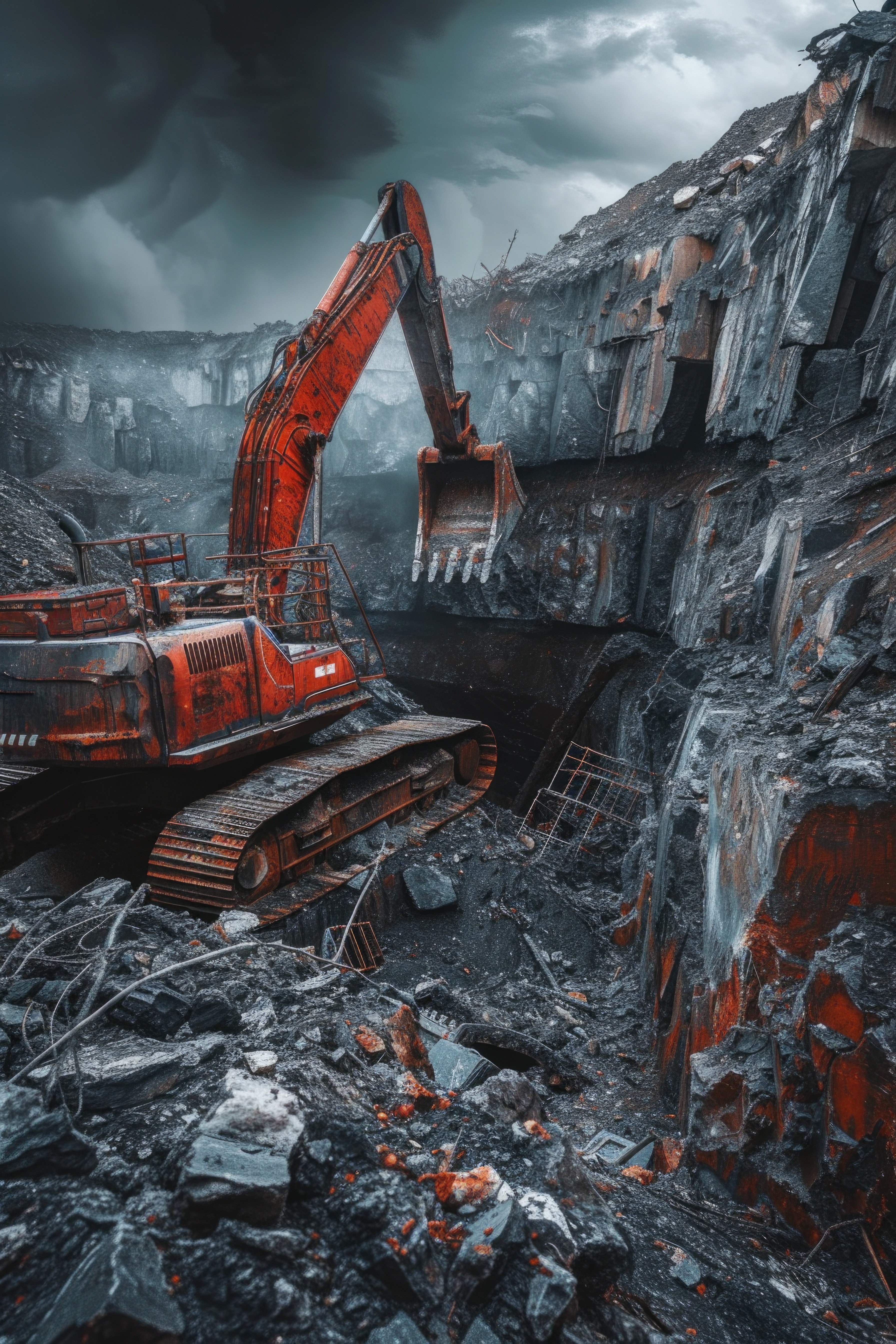 Wide view of heavy machinery and earth movement operations